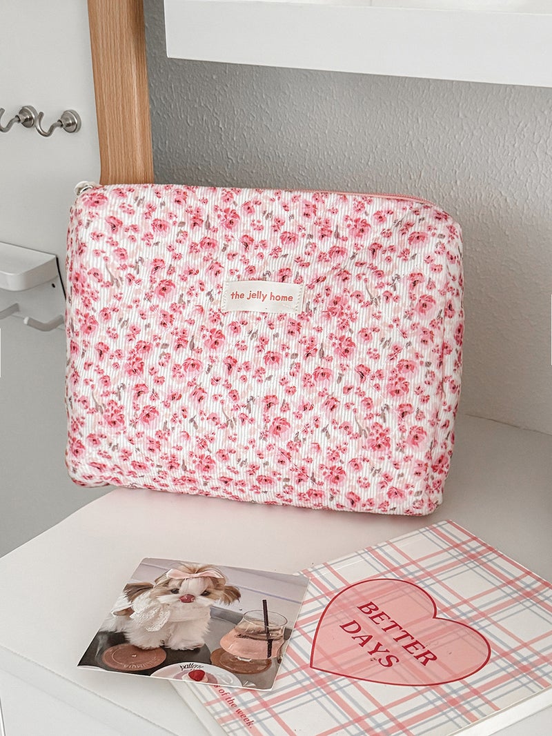 Corduroy Honey Powder Rose Cosmetic Bag New Original Small Fresh Floral Girly Heart Ins Style Toiletry Bag - Image 1
